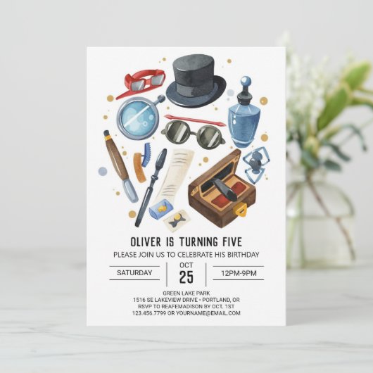 Whimsical Mystery Detection Geburtstag Einladung (Stehend Vorderseite)