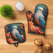 Whimsical Nature Blue Bird Ofenhandschuh & Topflappen-Set (Oben Unten)