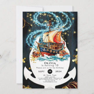 Whimsical Nautical Pirate Ship zum Geburtstag Einladung