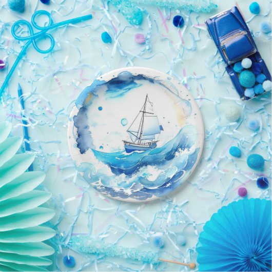 Whimsical Nautical Watercolor Boy Babydusche Pappteller (Party)