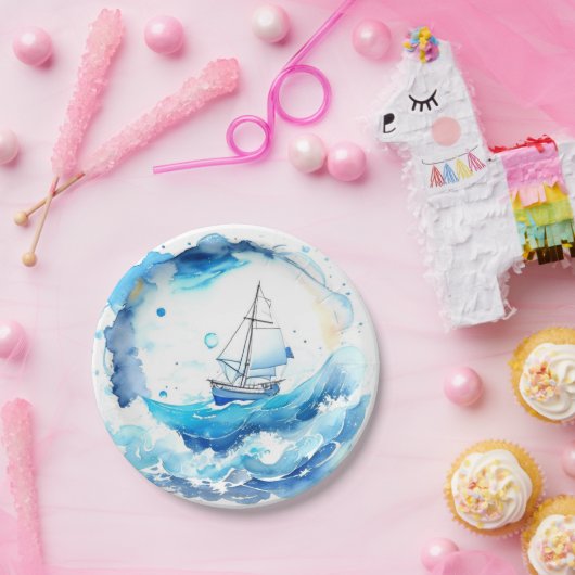 Whimsical Nautical Watercolor Boy Babydusche Pappteller (Party)