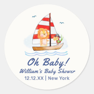 Whimsical Nautical Wild Lion Sailboat Babydusche Runder Aufkleber