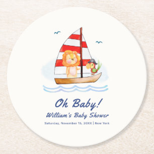 Whimsical Nautical Wild Lion Sailboat Babydusche Runder Pappuntersetzer