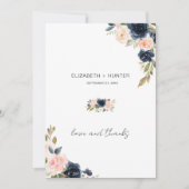 Whimsical Navy Blue & Blush Pink Floral Wedding Dankeskarte (Vorderseite)