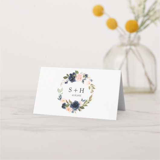 Whimsical Navy Blue & Blush Pink Floral Wedding Platzkarte (Rückseite)