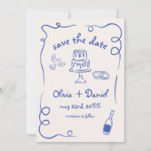 Whimsical Navy Blue Hand Drawn Wedding Foto Save The Date (Vorderseite)