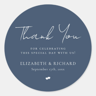 Whimsical Navy Blue Script Danke Hochzeit Runder Aufkleber