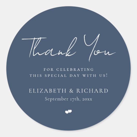 Whimsical Navy Blue Script Danke Hochzeit Runder Aufkleber (Vorderseite)