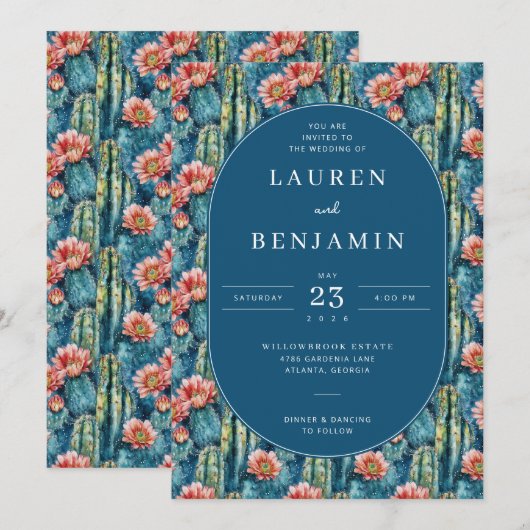 Whimsical Navy Botanical Cactus Einladung (Vorne/Hinten)
