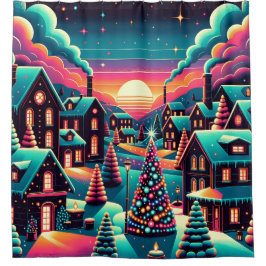 "Whimsical Neon Christmas Village" Duschvorhang