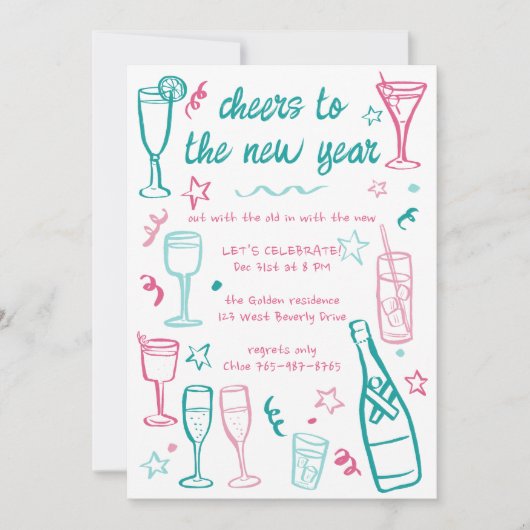 Whimsical NEW YEAR Party Cocktail Drinks nach Maß Einladung (Vorderseite)