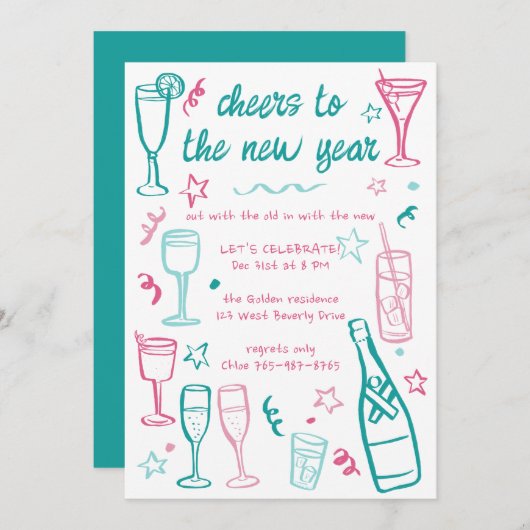 Whimsical NEW YEAR Party Cocktail Drinks nach Maß Einladung (Vorne/Hinten)