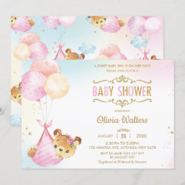 Whimsical Niedlich Bear Balloons Baby Shower Girl Einladung
