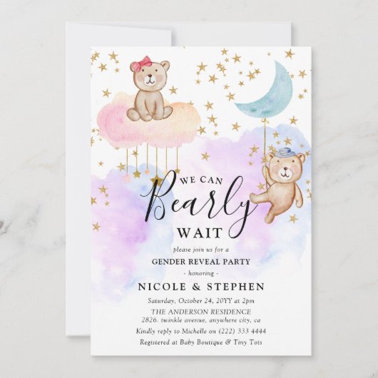 Whimsical Niedlich Bearly Wait Gender Reveal Party Einladung (Vorderseite)