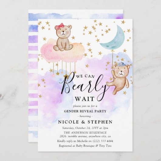 Whimsical Niedlich Bearly Wait Gender Reveal Party Einladung (Vorne/Hinten)