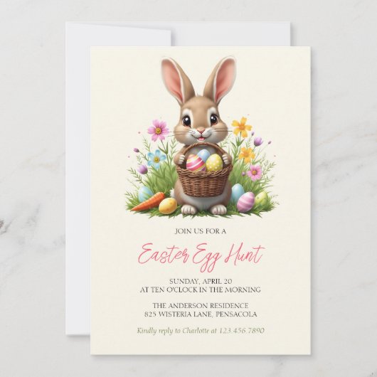 Whimsical Niedlich Bunny Rabbit Floral Ostereier J Einladung (Vorderseite)