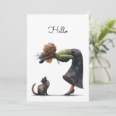 Whimsical Niedlich Cat and Lady Hello Flat Karte (Stehend Vorderseite)