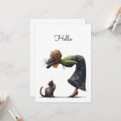 Whimsical Niedlich Cat and Lady Hello Flat Karte (Vorderseite/Rückseite Beispiel)