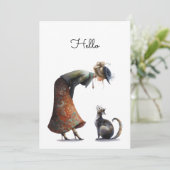 Whimsical Niedlich Cat and Lady Hello Flat Karte (Stehend Vorderseite)