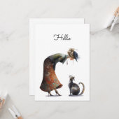 Whimsical Niedlich Cat and Lady Hello Flat Karte (Vorderseite/Rückseite Beispiel)