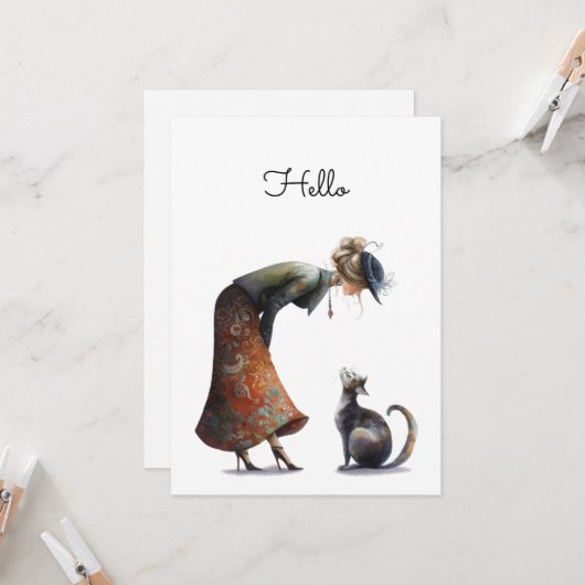 Whimsical Niedlich Cat and Lady Hello Flat Karte (Vorderseite/Rückseite Beispiel)