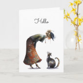 Whimsical Niedlich Cat und Lady Hallo Gruß Karte (Gelbe Blume)