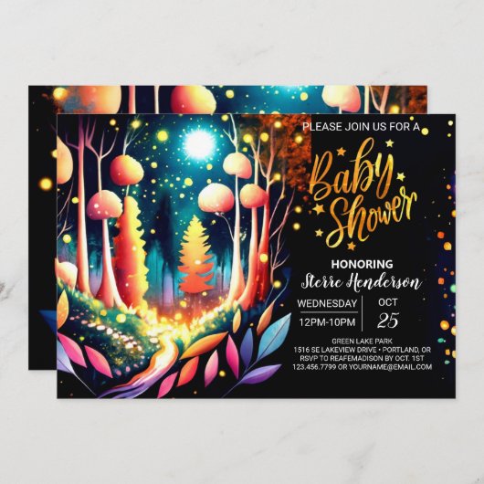 Whimsical Niedlich Editable Fireflies Babydusche Einladung (Vorne/Hinten)