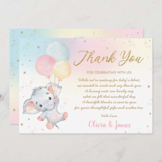 Whimsical Niedlich Elephant Balloons Baby Shower G Dankeskarte (Vorne/Hinten)