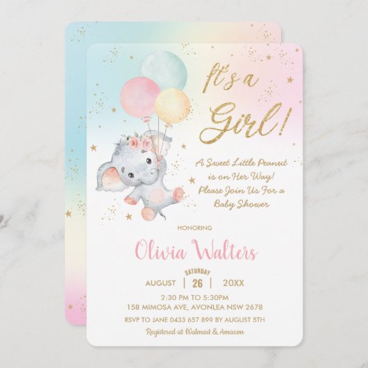 Whimsical Niedlich Elephant Balloons Baby Shower G Einladung (Vorne/Hinten)