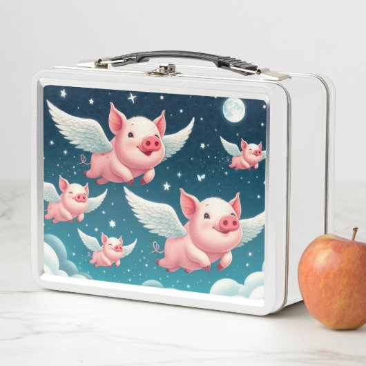 Whimsical Niedlich Flying Schweine in Sternenhimme Metall Brotdose (Beispiel)