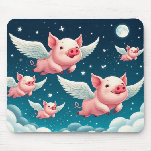 Whimsical Niedlich Flying Schweine in Sternenhimme Mousepad (Vorne)