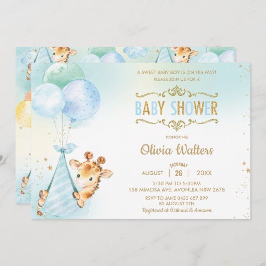 Whimsical Niedlich Giraffe Balloons Baby Shower Bo Einladung (Vorne/Hinten)