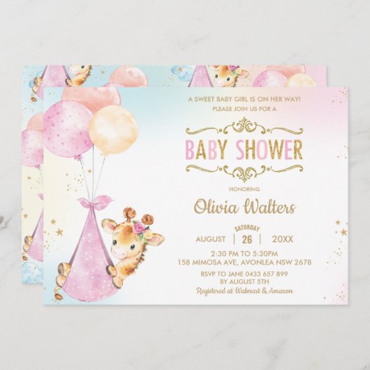 Whimsical Niedlich Giraffe Balloons Baby Shower Gi Einladung (Vorne/Hinten)