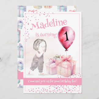 Whimsical Niedlich Girl 1. Geburtstag Pink Balloon Einladung