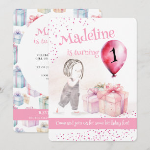 Whimsical Niedlich Girl 1. Geburtstag Pink Balloon Einladung