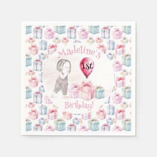 Whimsical Niedlich Girl 1. Geburtstag Pink Balloon Serviette (Vorderseite)