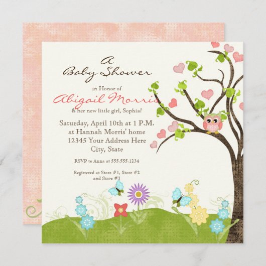 Whimsical Niedlich Owls Tree of Life Herzleaf Wirb Einladung (Vorne/Hinten)