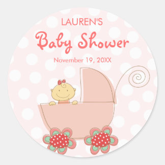 Whimsical Niedlich Pink Pram Girl Baby Shower Stic Runder Aufkleber