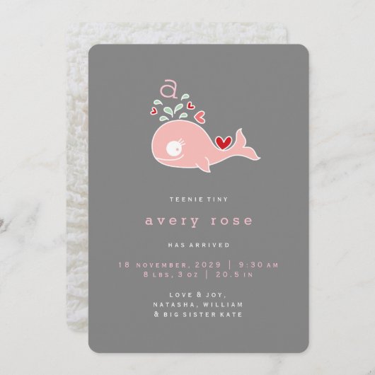 Whimsical Niedlich Pink Whale Monogram Baby Birl Ankündigung (Vorne/Hinten)