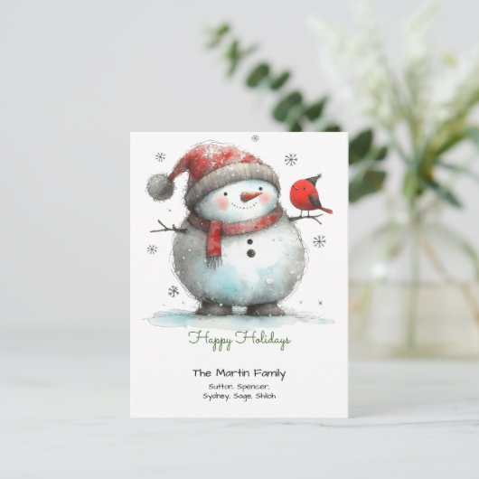 Whimsical Niedlich Snowman und Red Bird Happy Holi Postkarte (Stehend Vorderseite)