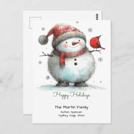 Whimsical Niedlich Snowman und Red Bird Happy Holi Postkarte (Vorne/Hinten)