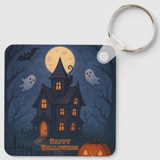 Whimsical Niedlich Spooky Spuk House | Halloween- Schlüsselanhänger (Rückseite)