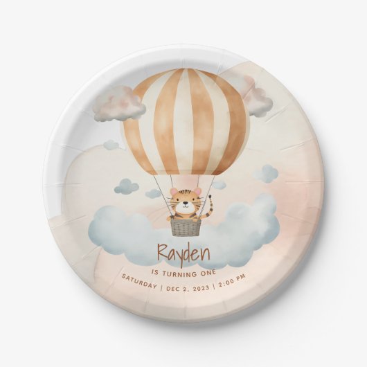 Whimsical Niedlich Tiger Hot Air Ballon 1. Geburts Pappteller (Vorderseite)