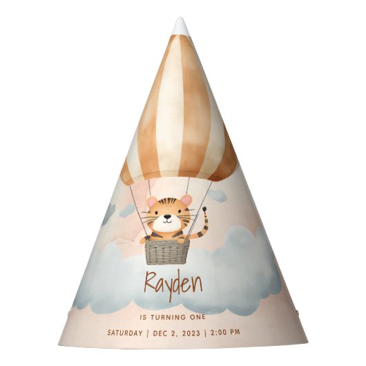 Whimsical Niedlich Tiger Hot Air Ballon 1. Geburts Partyhütchen (Vorderseite)