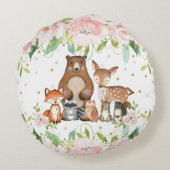 Whimsical Niedlich Woodland Tiere Rosa Blütenblüte Rundes Kissen (Rückseite)