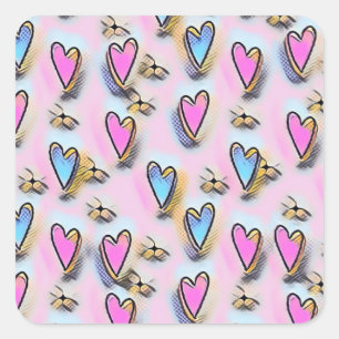 Whimsical niedliche Herzen bunt zeichnend Quadratischer Aufkleber