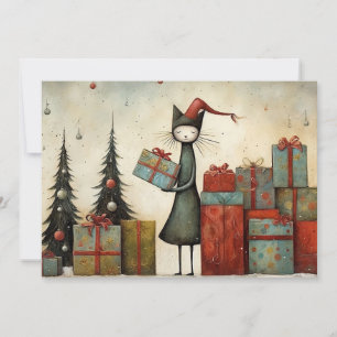 Whimsical Niedliche Katze mit Weihnachtsgeschenken Feiertagskarte