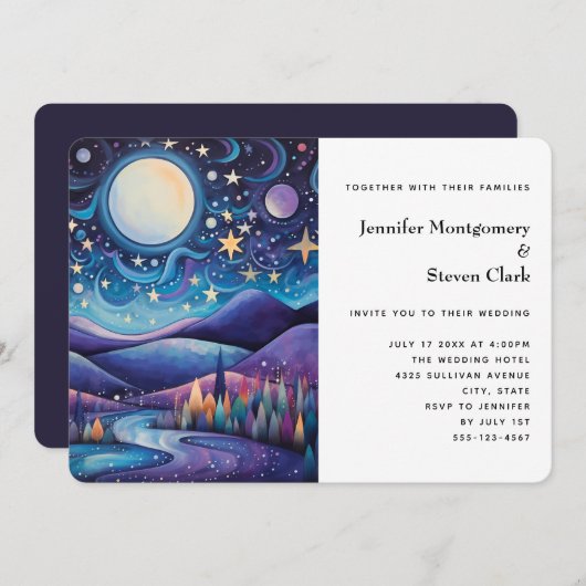 Whimsical Night Big Moon Landschaft Hochzeit Einladung (Vorne/Hinten)