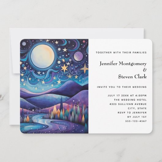 Whimsical Night Big Moon Landschaft Hochzeit Einladung (Vorderseite)
