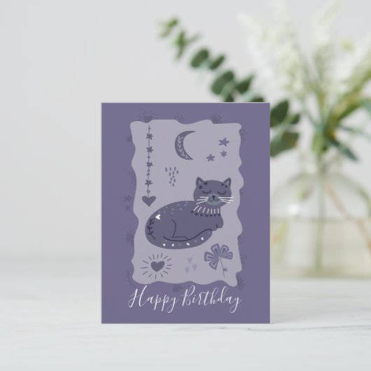 Whimsical Night Cat Folk Art Birthday Postcard Postkarte (Stehend Vorderseite)